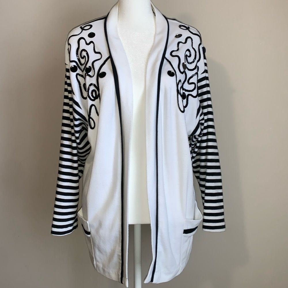 Vintage Cardigan Saint Germain Paris Sweater Medium White Black Striped Womens